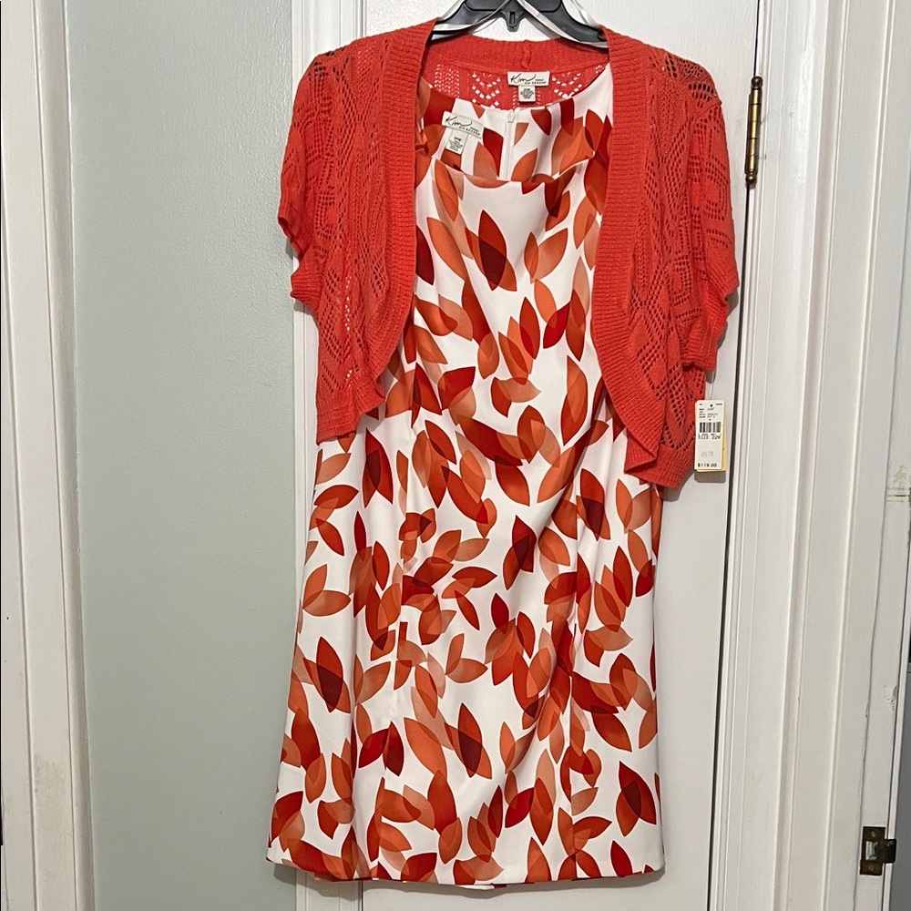 Kim Rogers Orange and White Leaf Print Midi Dress with Cardigan